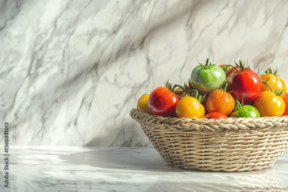 Poster a basket overflows with colorful tomatoes in various stages of ripeness, sitting on a marble surface