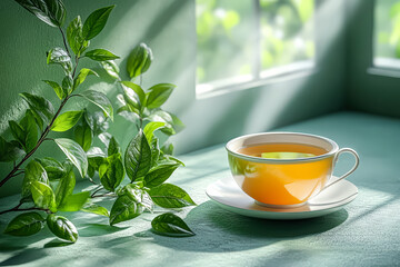 Cup of tea sits on a saucer next to a leafy plant. The scene is peaceful and calming, with the sunlight shining through the window and casting a warm glow on the tea and plant