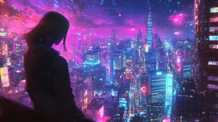 Fototapeta premium A person contemplates the vibrant city skyline at night from a rooftop