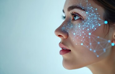 Ai generated portrait, facial recognition tech concept. Network of data points overlay on woman face. Futuristic tech, concept innovation in security, digital identity.