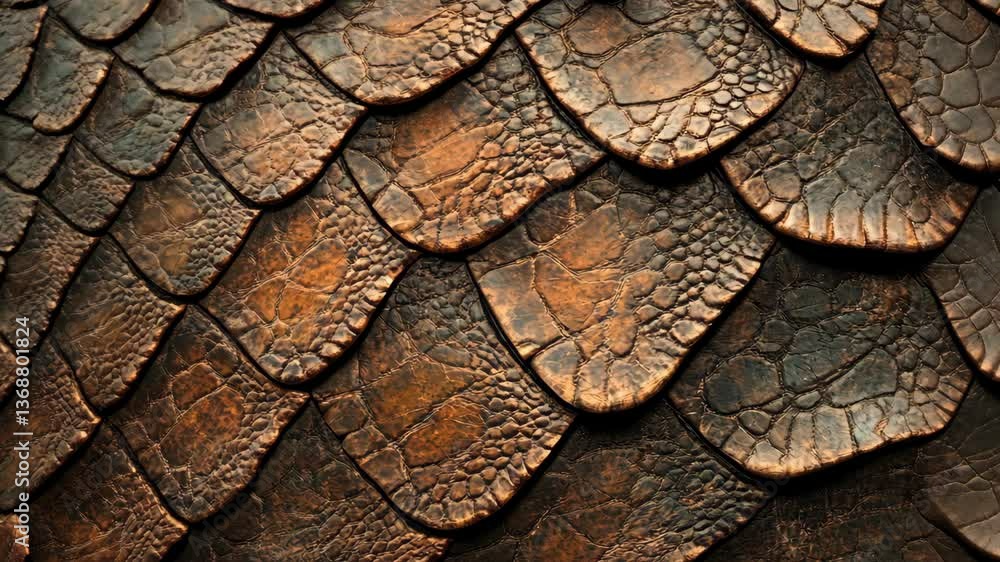Poster intricate texture of layered copper scales captured up close in a well-lit setting