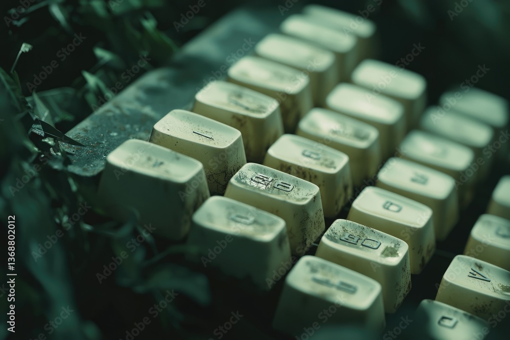 Poster overgrown keyboard with weathered keys submerged in lush green foliage, nature reclaiming technology