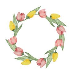 Pink and Yellow Tulip Wreath Watercolor Painting. High quality illustration for design postcards and decorations