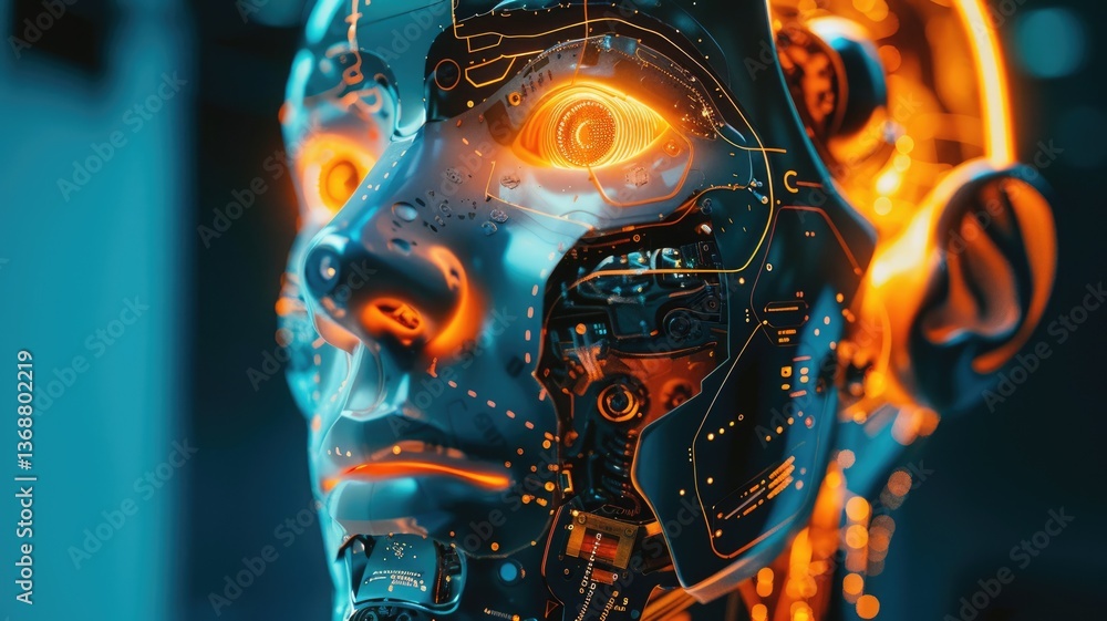 Aufkleber this captivating image showcases a futuristic robot face, illuminated by glowing circuitry. it embod