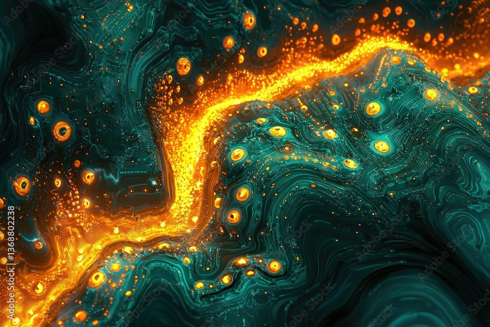 Aufkleber abstract landscape of teal waves interwoven with streams of golden light and embedded, glowing amber