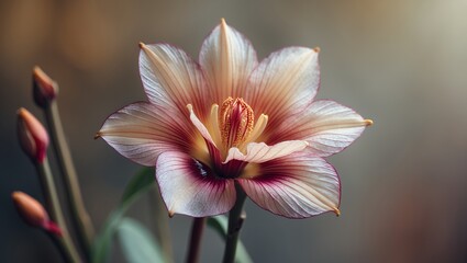 Fototapeta premium Delicate, close-up view of a vibrant flower, featuring intricate petals and buds