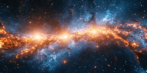 Naklejka premium Stunning cosmic scene showcases vibrant colors and shimmering lights in a distant galaxy filled with stars and swirling gas