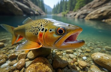 Cutthroat trout Oncorhynchus clarkii underwater with open mouth. Fish in river on World Wildlife Day. Freshwater animal at lake shore, rocks, water with forest background.