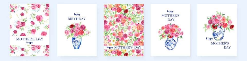 Mother's day invivations cards. Blue hydrangeas, bicycle, floral bouquet. Spring flowers. Watercolor clipart.