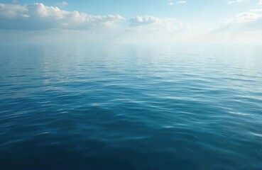Obraz premium Aerial photo of calm ocean surface with blue sky, white clouds. Empty seascape background. Beautiful natural scenery, summer vibes, calm water. Peaceful, relaxing, travel, vacation, holiday concept.