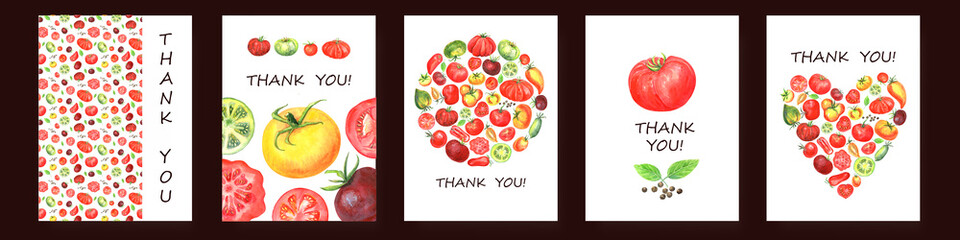 Tomatoes clipart, invivations thank you cards, cafe menu. Cherry, yellow, green, red tomatoes, tomato slice, basil, pepper. Eco veggi food. Stock illustration. Hand painted in watercolor.