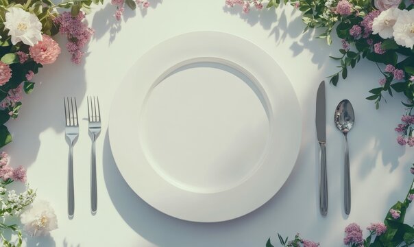 Ceramic plate mockup with blank surface on a neatly set dining table, surrounded by elegant cutlery and floral accents, ideal for restaurant branding,