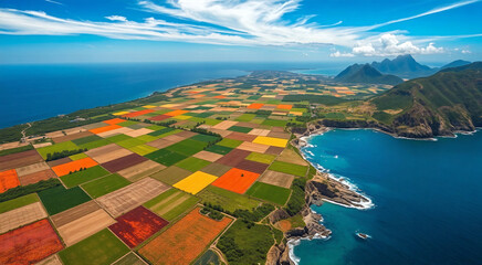 Fototapeta premium Aerial view of vibrant, colorful agricultural fields near the coastline. The ocean meets lush mountains in a breathtaking tropical landscape.