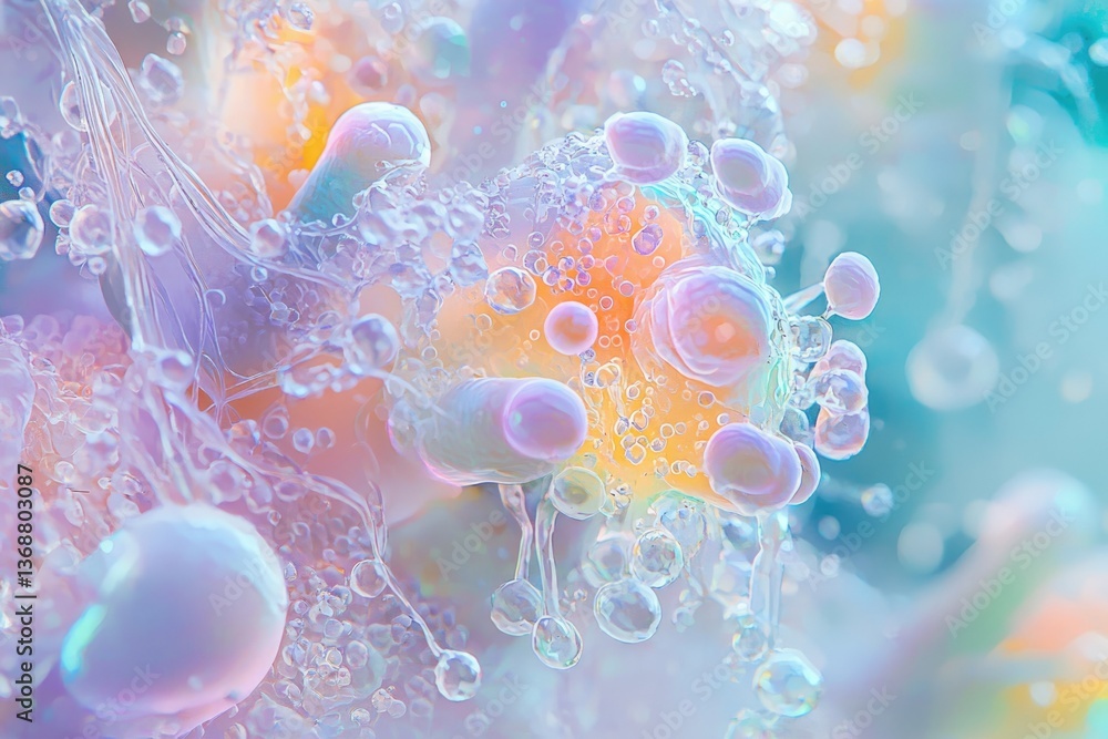 Poster an abstract, fantastical microscopic image featuring cellular structures with shimmering, translucen