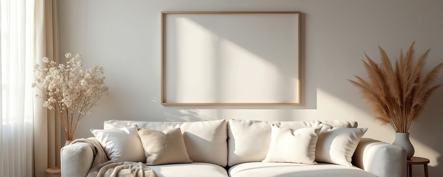 Blank landscape frame mockup on white wall. Interior design with sofa and dried flowers. Wooden frame for art or photo presentation. Modern minimalist decor with neutral colors.