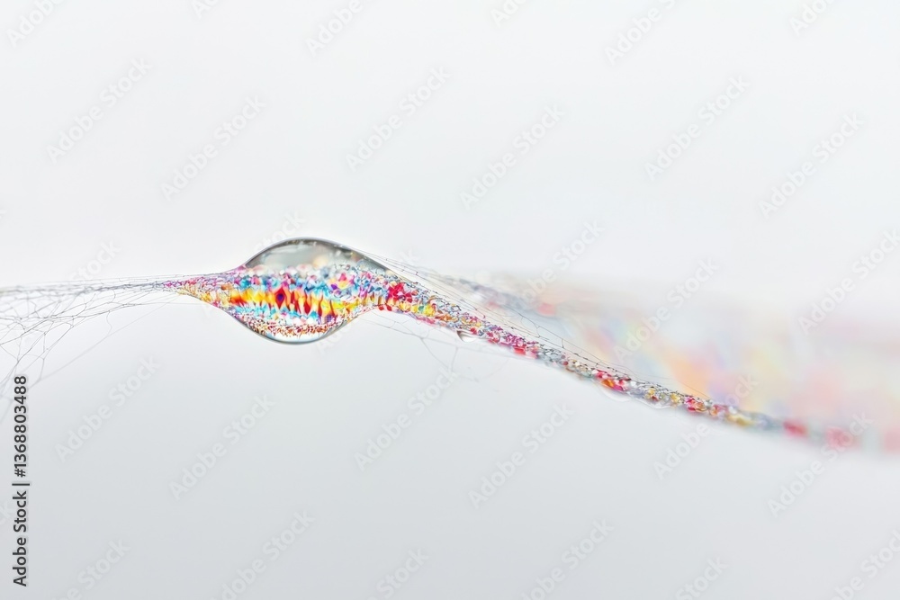 Aufkleber close-up of a water drop reflecting colorful threads on a spiderweb against a clean, white backgroun