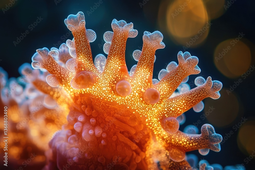 Poster close-up of vibrant orange coral polyps with glowing details and bluish translucent edges against a 