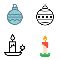 Obraz premium Christmas Bauble & Christmas Candle – Line Icon and Color Icon Set