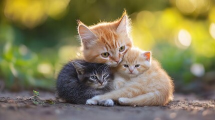 Fototapeta premium Three adorable kittens snuggle closely together in a sunlit garden, showcasing warmth and affection. The scene captures the innocence and playfulness of these charming felines.