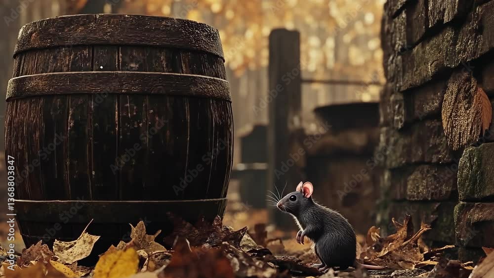 Poster curious mouse explores autumn leaves near rustic barrel in a quaint setting