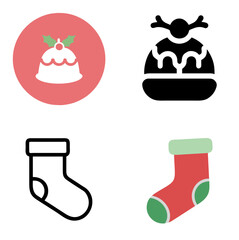Christmas Pudding & Christmas Stocking – Line Icon and Color Icon Set