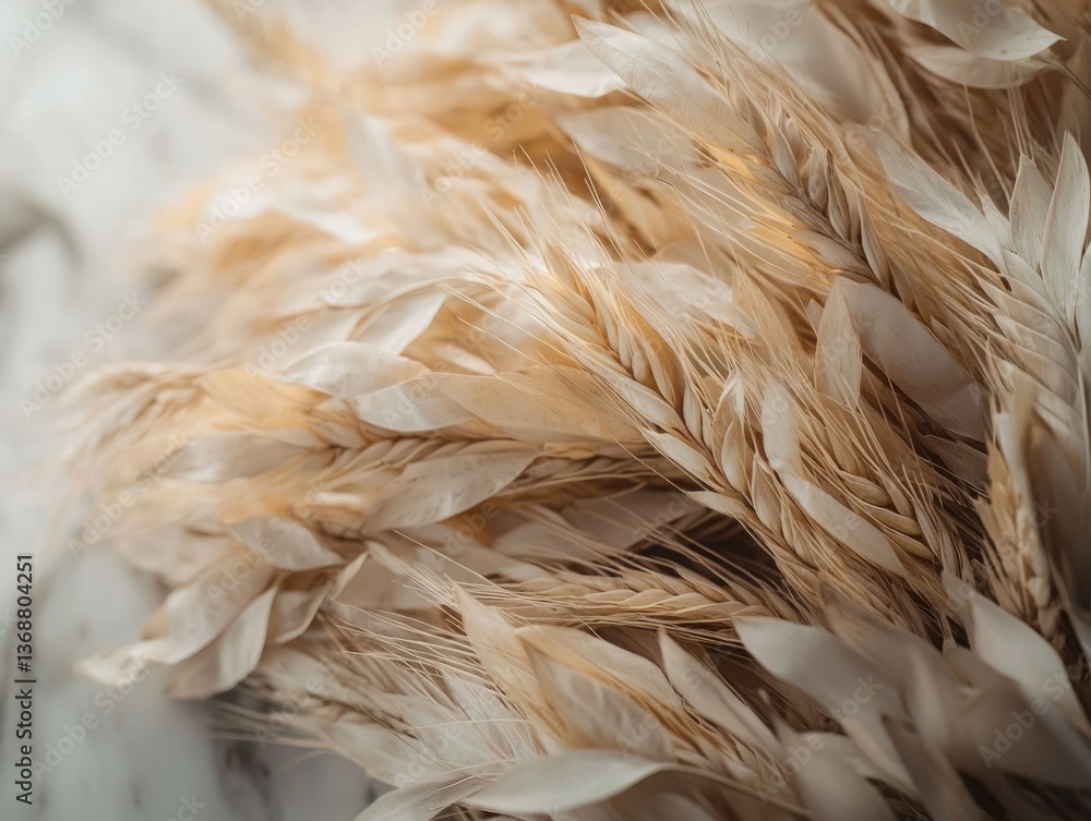 Aufkleber close-up of a beautiful bouquet with wheat stalks and leaf-like structures in soft, muted tones, cre