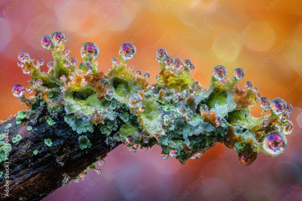 Poster macro shot of moss and lichen covered branch adorned with dew drops, bokeh background with colorful 