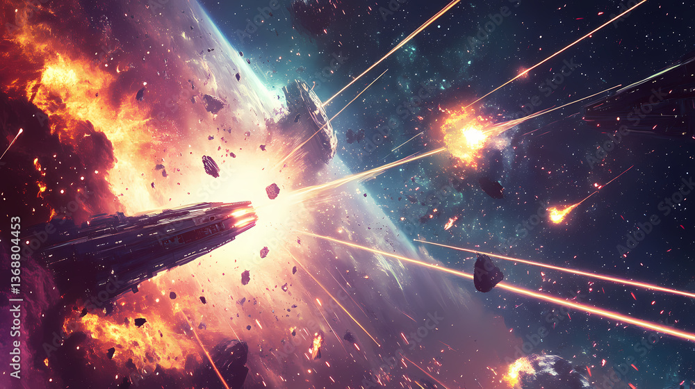 Wall mural a digital illustration of a space fleet taking down an enemy spaceship, with laser beams and explosi
