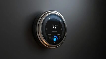 Fototapeta premium A sleek, digital thermostat with a silver trim set at 77 degrees.