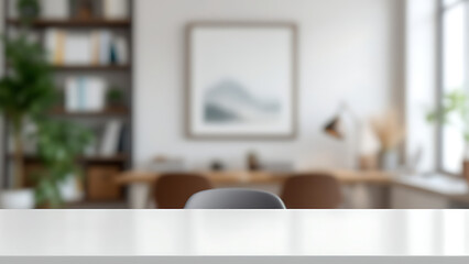 A serene workspace, inviting productivity and calm amidst a softly blurred home office, showcasing a clean white desk and grey chair.