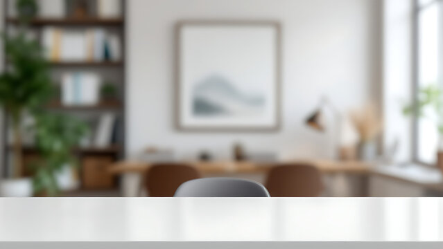 A serene workspace, inviting productivity and calm amidst a softly blurred home office, showcasing a clean white desk and grey chair.