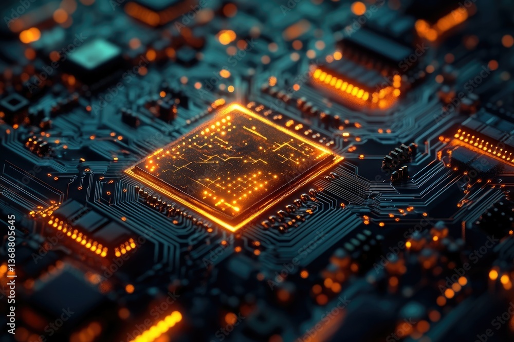 Aufkleber close-up of a glowing, orange cpu or processor on a dark circuit board, highlighting technology and 