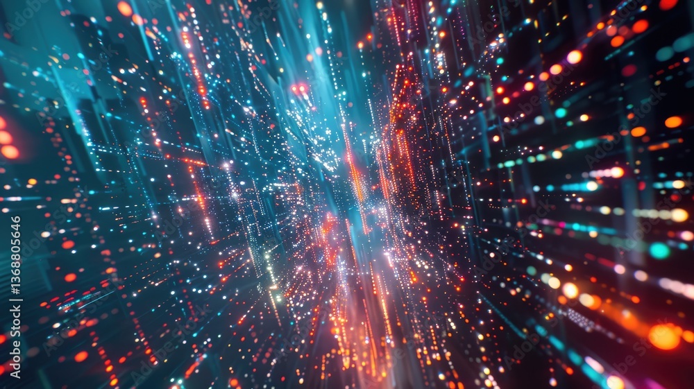 Poster explore a vibrant representation of dynamic data flow in a digital landscape, showcasing bright ligh