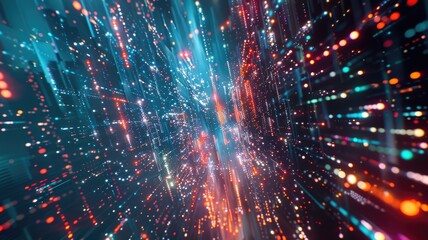 Fototapeta premium Explore a vibrant representation of dynamic data flow in a digital landscape, showcasing bright lights and abstract patterns that symbolize internet connectivity and data transfer.