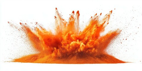 Bright orange powder explodes in a dramatic display creating a vibrant cloud of color in a clear background