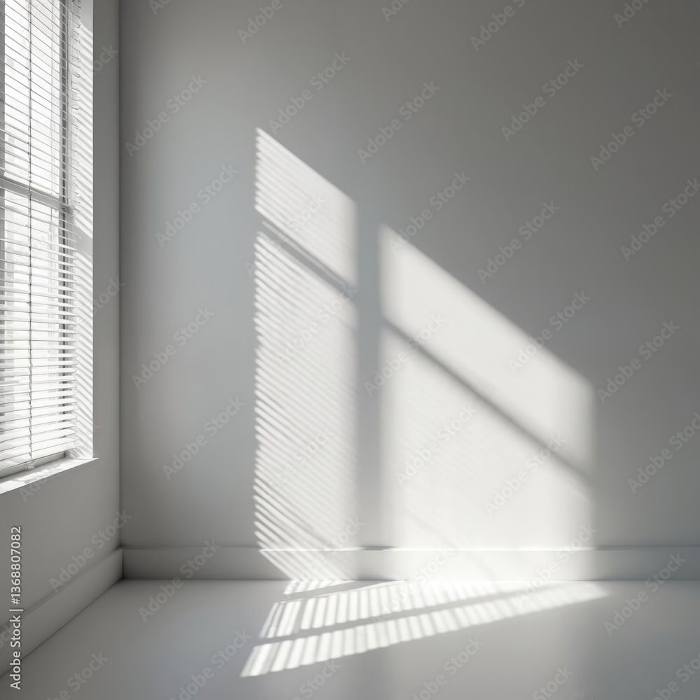 Poster white studio wall lit by soft natural light. shadows from blinds create dynamic pattern. clean inter