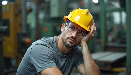 Tired factory worker takes break during shift in industrial manufacturing plant. Man with hard hat, eyeglasses, weary expression rests. Heavy industry labor, metal machine equipment, technical