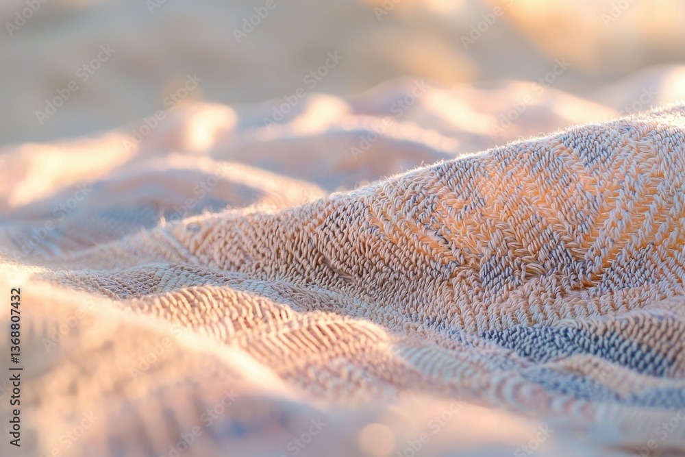 Aufkleber soft, warm textured blanket with a geometric pattern, illuminated by golden light, creating a cozy a