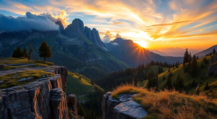 Majestic mountain landscape at sunset. A serene sunset adds a warm glow over the rugged peaks.