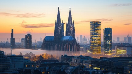 Aerial sunrise view of gothic cathedral amidst modern skyscrapers in misty cityscape