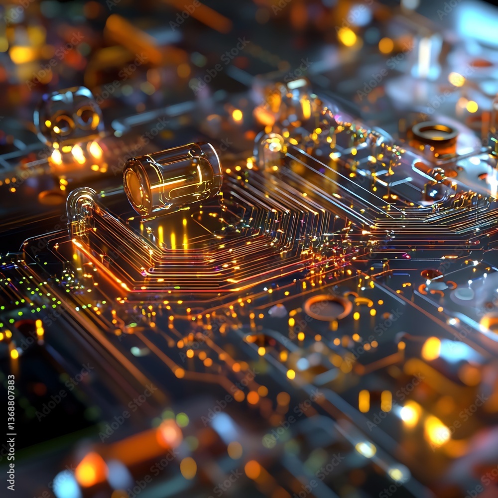 Poster detailed close-up of a glowing, intricate circuit board. glassy components and illuminated pathways 
