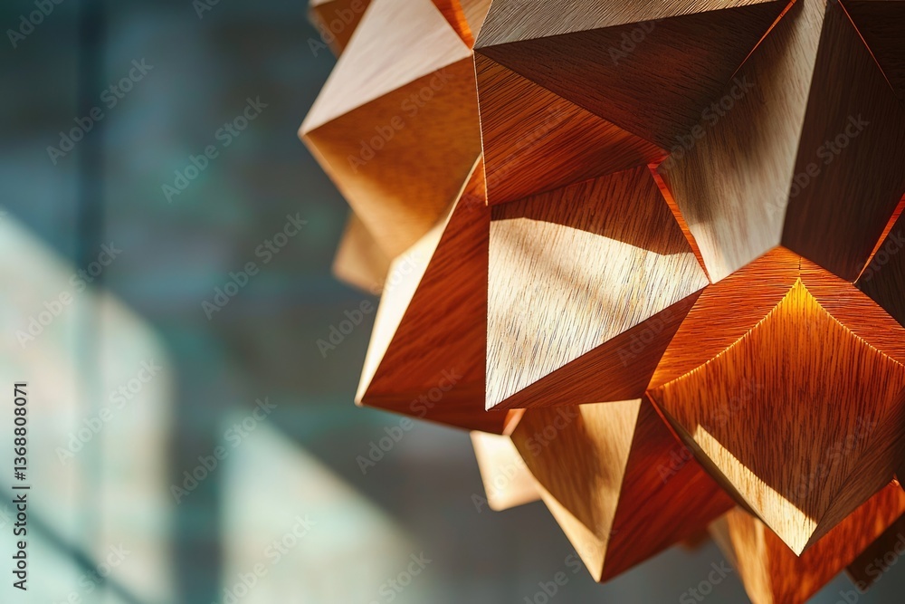 Aufkleber abstract geometric wood art piece with triangular facets, illuminated by sunlight creating contrasti