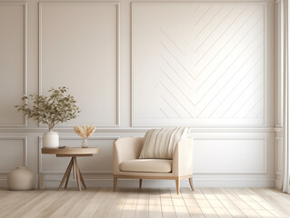 Modern minimalist living room interior with wall panelling in light colors and light color interior. Living room with wall panels, couch and simple minimalist decor