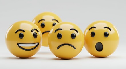 Naklejka premium 3D Render of Emojis Displaying Various Emotions: Happy, Sad, and Surprised Yellow Emoticons