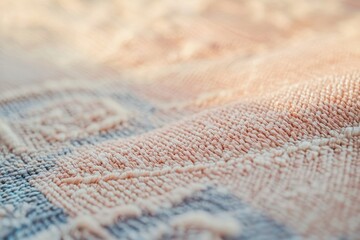 Macro shot of an ornate, textured rug with light pink and blue colors, showcasing its intricate woven design and patterns.