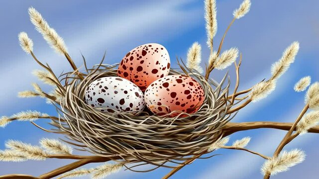 Colorful speckled eggs resting in a nest on a branch against a blue sky backdrop