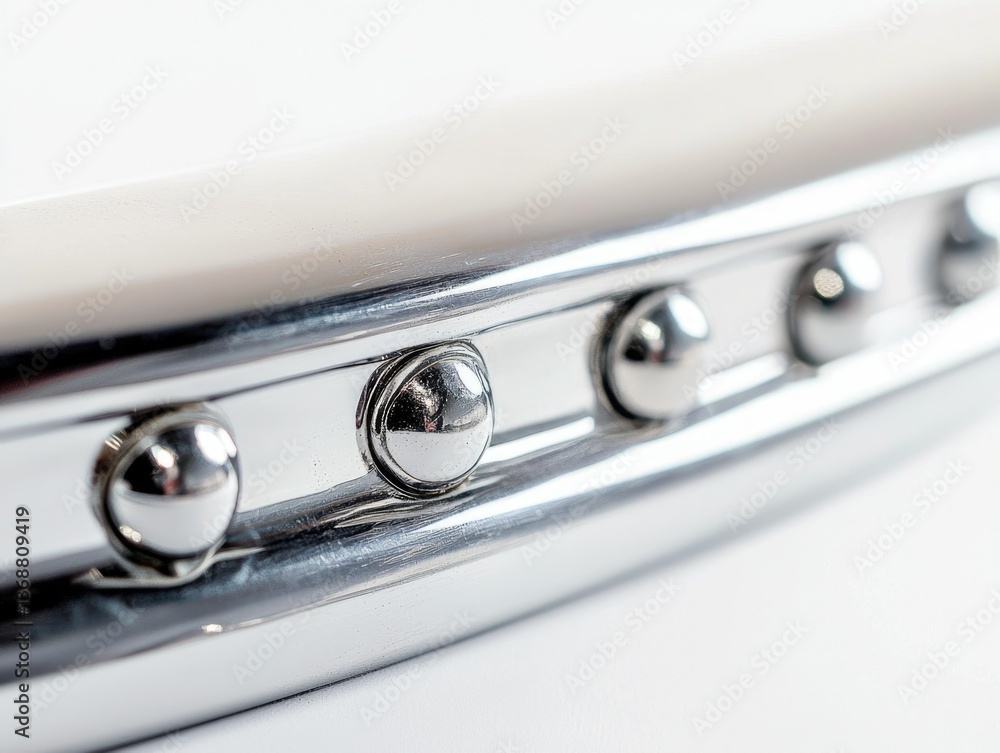 Poster close-up view of a shiny, metallic fixture with dome-shaped elements set into a polished, reflective