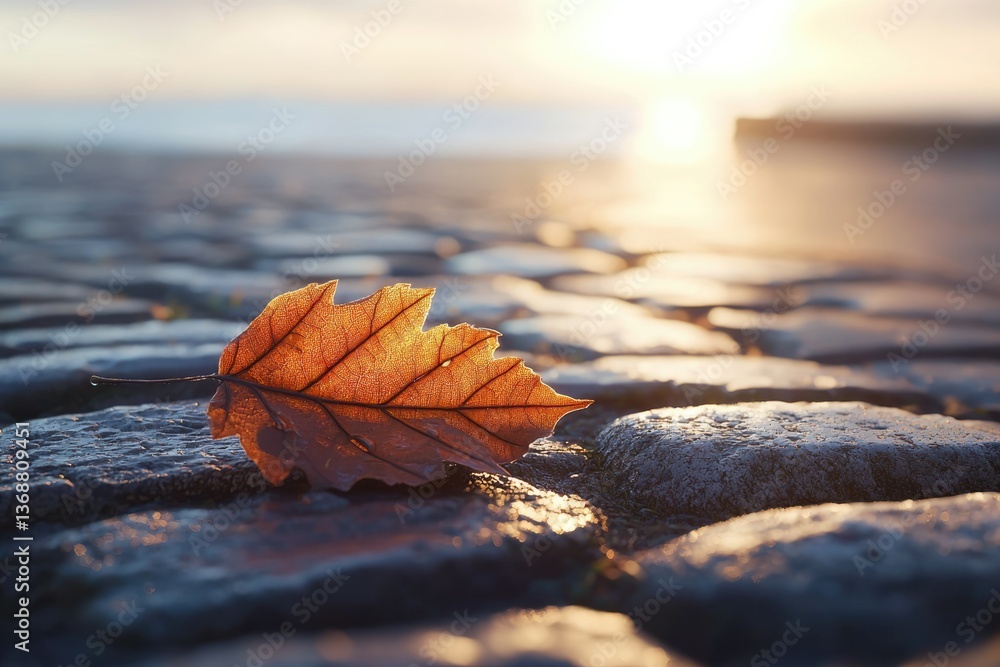 Poster a single autumn leaf rests on a cobblestone path, illuminated by the warm glow of the setting sun.