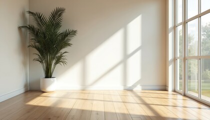 Modern interior room with big window. Wooden floor, white walls, green plant in pot. Sunlight shadow from window. Blank empty space for design, luxury apartment, hotel. Minimalist architecture
