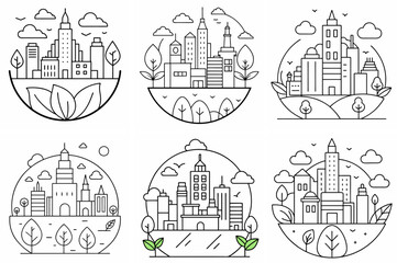 Eco City Outline Coloring Book Page – Line Art Drawing Set on White Background